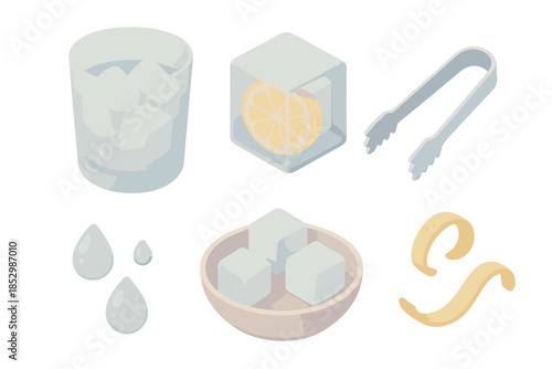 Ice Symphony Icons. Isometric vector illustration set Ice Cube Symphony: frosted glass cup, lemon slice frozen in ice, ice tongs,