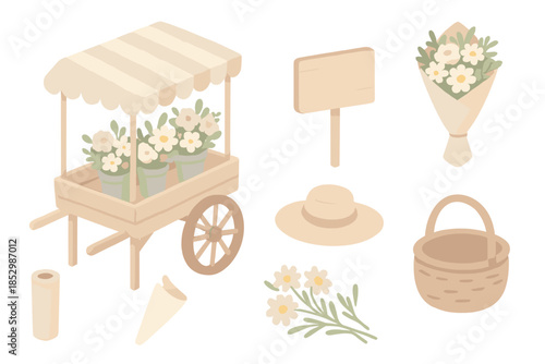 Market Morning Icons. Isometric vector illustration set Market Morning Scene: floral cart, bouquet paper roll, straw hat, wicker
