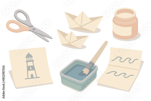 Maritime Paper Craft. Isometric vector illustration set Maritime Paper Workshop: scissors, folded paper ships, glue pot, brush