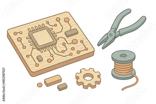 Handcrafted Logic Board. Isometric vector illustration set Workshop Logic Board: handcrafted motherboard with wood grain, copper