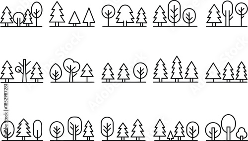 A graphic illustration of various minimal trees and leaves in a linear arrangement on a white background.