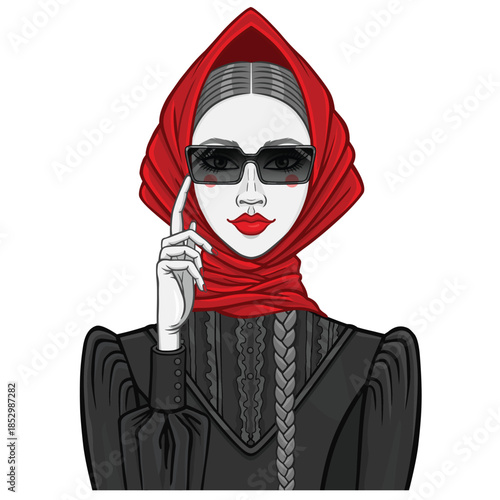 Beautiful girl in a red headscarf holds up her glasses. Vector illustration isolated.
