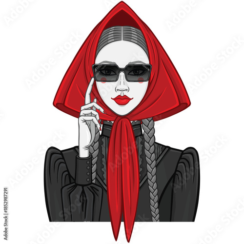 Beautiful girl in a red headscarf holds up her glasses. Vector illustration isolated.