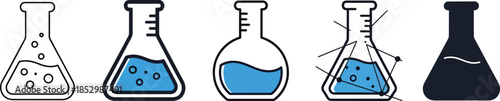 Laboratory Erlenmeyer Flask Icon Set with Blue Chemical Liquid and Bubbles for Scientific Research Chemistry Experiment and Medical Biotech Laboratory Design