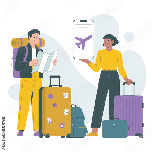 Young travelers preparing for a trip with luggage in flat vector style, vacation planning illustration, travel concept, holiday packing, adventure and journey design for tourism projects.