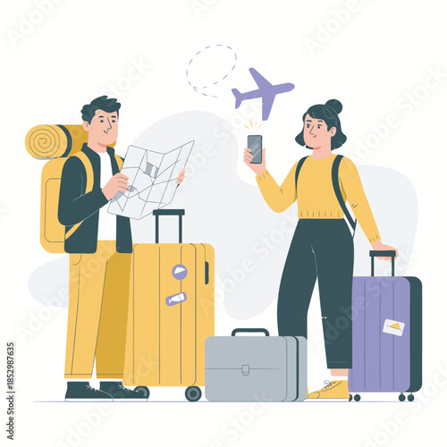 Young travelers arranging luggage for upcoming trip, flat vector style, travel and tourism concept illustration, holiday preparation, vacation planning, adventure, and journey creative design.