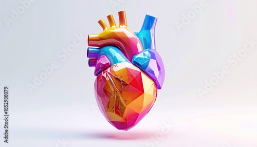 A vibrant, geometric rendering of a human heart with colorful facets