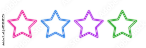 Set of Colorful Neon Star Shapes Icons in Red, Teal, Gold, and Purple on Transparent background 