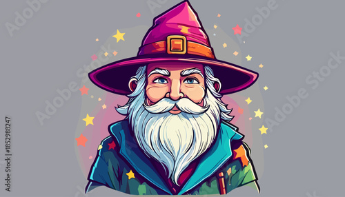 Cartoon Wizard Portrait with Pointed Hat and White Beard.