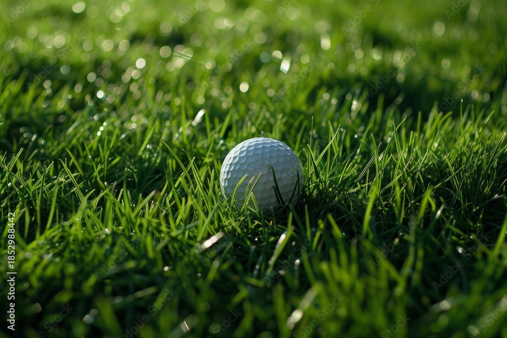 Naklejka premium White golf ball sits on vibrant green grass, bathed in sunlight, creating a serene golfing scene