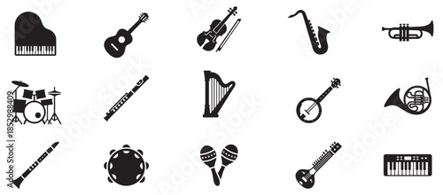 Musical instrument icon set with black silhouettes of saxophone, trumpet, drum, violin, piano, and accordion for music and orchestra concepts. Vector Illustration.