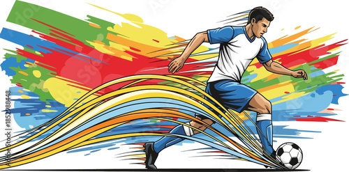 Professional Soccer Player Athlete Kicking Ball with Dynamic Colorful Motion Blur Trails for Football Tournament Competition and Sports Action Design