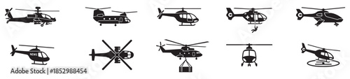 Helicopter silhouettes icons. Collection of helicopter silhouettes in different positions. Vector Illustration. 