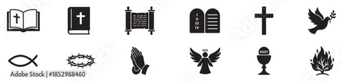 Faith icon set. Vector icon set of faith: cross, praying hands, dove, bible, candle, church, rosary, angel. Vector icon.	
