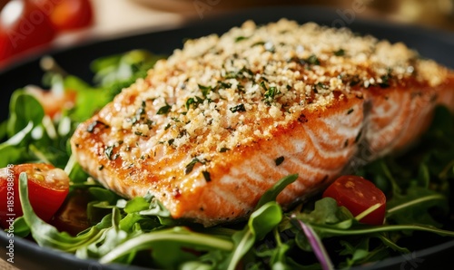 Golden-brown crusted salmon fillet with a parmesan herb topping, served with fresh greens, warm and inviting lighting enhancing the details