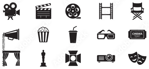 Classic cinema icons. Vector icon set of classic cinema motifs: silent film camera, vintage projector, film reel, oscar, ticket, mask, megaphone. Vector icon.