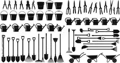 Gardening tool silhouette set, black vector icons, shovel rake broom, watering can bucket, pruning shears, wheelbarrow collection, minimal style, editable stroke, equipment illustrations