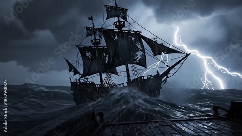 High-contrast cinematic shot of an ancient sailing vessel momentarily illuminated by a brilliant lightning strike during a dark and forbidding oceanic squall thunderstorm, flash, crisis