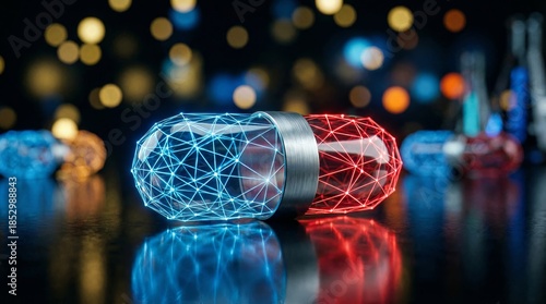 Futuristic two-toned medical capsules digital realm 3d rendering vibrant colors close-up health innovation