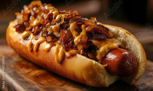 Gourmet hot dog with rich toppings, melted cheese, caramelized onions, toasted bun, dramatic close-up, warm and indulgent street food photography