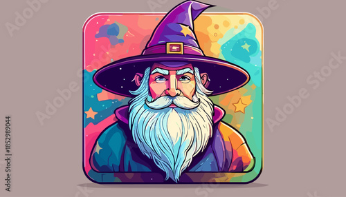 Colorful Wizard Portrait with Pointed Hat and White Beard.