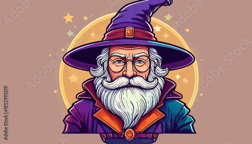 Cartoon Wizard Portrait with Pointed Hat and White Beard.