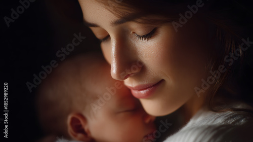 Cherished Bond: A tender moment captured as a mother cradles her newborn, her face illuminated by a soft glow, radiating warmth, love and nurturing.