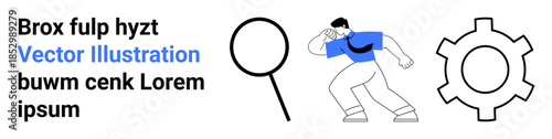 Focused character analyzing under a magnifying glass beside a cogwheel. Ideal for research, innovation, solutions, analysis, exploration, optimization, simple landing page