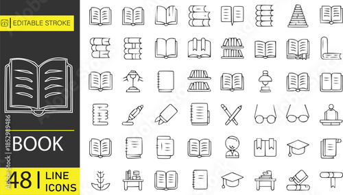 Book Outline 48 Icon Set  Reading, Library, Education and Knowledge Symbols