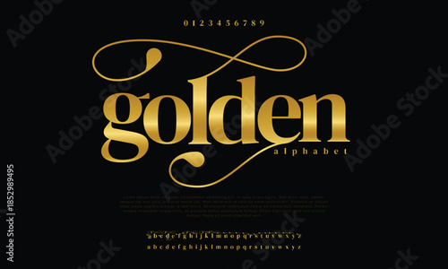 Elegant Golden Colored Metal Chrome alphabet font. Gold typography classic style serif font set. vector illustration