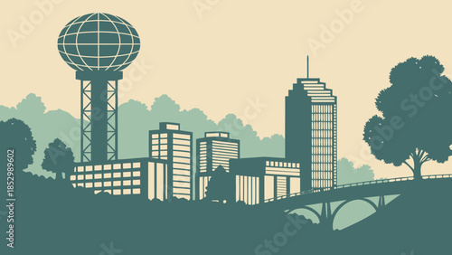 Knoxville skyline sunset with sunsphere suitable for travel and tourism promotions, city pride campaigns, tennesseethemed websites, and vacation brochures.