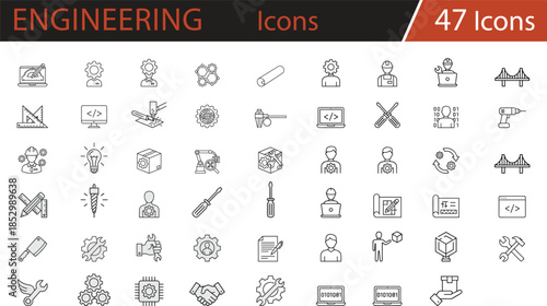 A comprehensive set of engineering, construction, and technology icons featuring gears, tools, coding, blueprints, and teamwork, perfect for modern digital projects and presentations.
