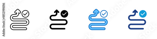 Process Flow Multiple Style Icon Design Vector - Curved path with checkmark representing workflow completion and structured process steps