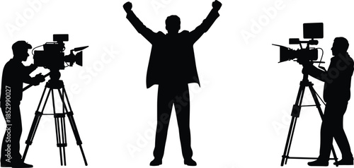 Successful man celebration silhouette filmed by professional camera operators with tripods black vector illustration isolated on white background media concept