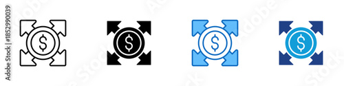 Revenue Flow Multiple Style Icon Design Vector - Circular arrows with currency symbol representing revenue circulation and financial movement