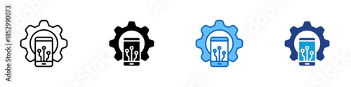 Smart Technology Multiple Style Icon Design Vector - Gear with smartphone representing innovation, smart systems, and technical solutions
