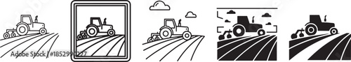 Agricultural Tractor Plowing Rural Field Icon Set Representing Farming Industry Land Cultivation and Organic Food Production for Countryside Scenery Design