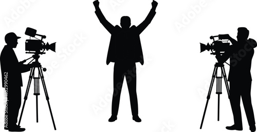 Television interview silhouette scene with camera operators filming successful man celebrating victory black vector illustration isolated on white background