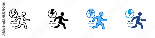Fast Action Multiple Style Icon Design Vector - Running person with lightning symbol representing speed, energy, and rapid performance