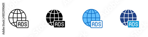 Global Ads Multiple Style Icon Design Vector - Globe with advertising label representing international advertising and global ad distribution