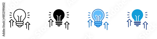 Idea Growth Multiple Style Icon Design Vector - Light bulb with upward arrows representing idea development and creative growth