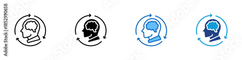 Mind Process Multiple Style Icon Design Vector - Human head with brain and circular arrows representing thinking process and cognitive development