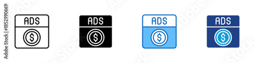 Paid Ads Multiple Style Icon Design Vector - Advertising panel with currency symbol representing paid advertising and monetized campaigns