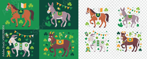 Charming St Patricks Day farm animals featuring a horse, donkey, and goats decorated with shamrocks