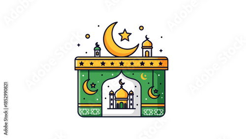 Colorful Islamic Mosque with Crescent Moon and Stars Illustration for Cultural