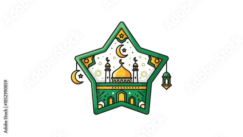 Stylized star-shaped illustration featuring a mosque with celestial elements