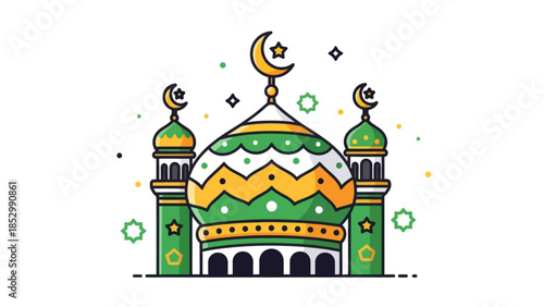 Stylized Islamic Mosque Illustration with Crescent Moons and Stars for
