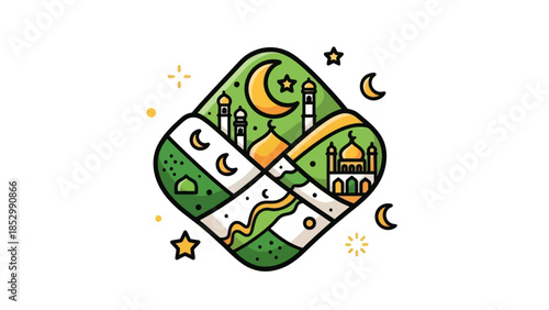 Whimsical Illustration of a Landscape with Moon and Star Elements in a