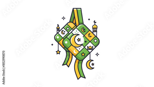 Colorful Ramadan Lantern with Celestial Motifs and Mosque Silhouettes