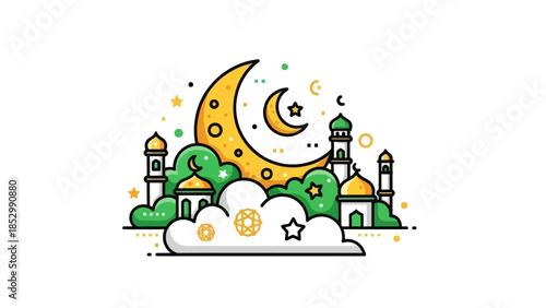 Whimsical Illustration of Dreamy Islamic Architecture with Night Sky Elements